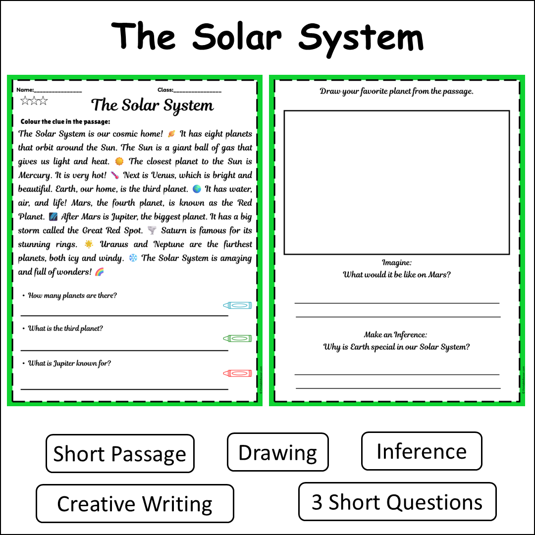 The Solar System | Short Reading Comprehension Creative Worksheet