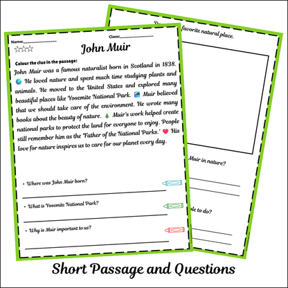 John Muir | Short Reading Comprehension Creative Worksheet