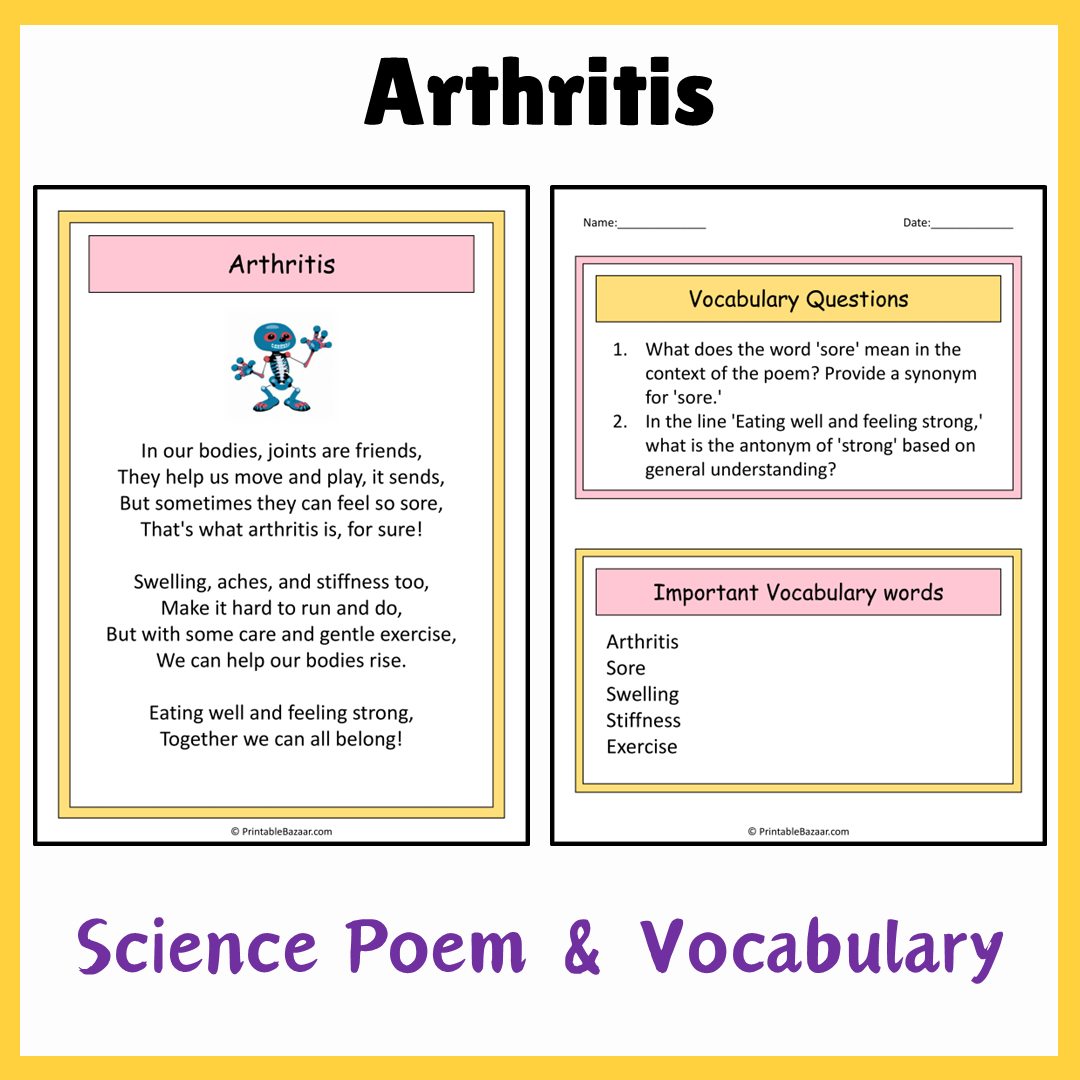 Arthritis | Science Poem Reading Comprehension Activity