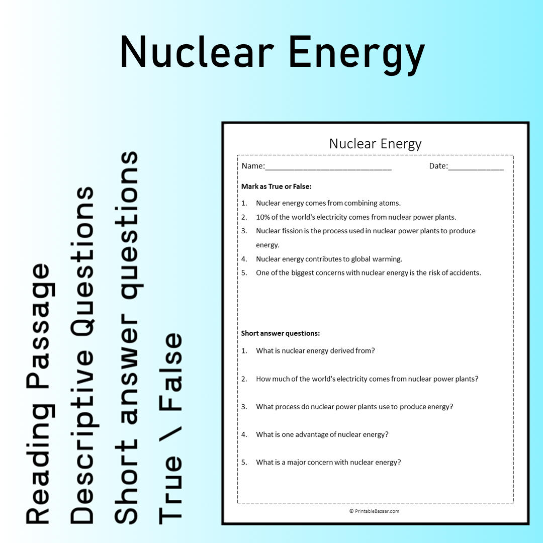 Nuclear Energy | Reading Comprehension Passage Printable Worksheet