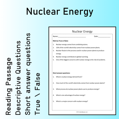 Nuclear Energy | Reading Comprehension Passage Printable Worksheet