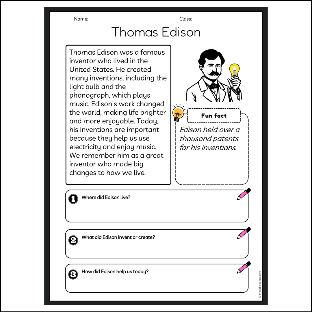 Thomas Edison | Reading Passage Comprehension Questions Writing Facts Worksheet