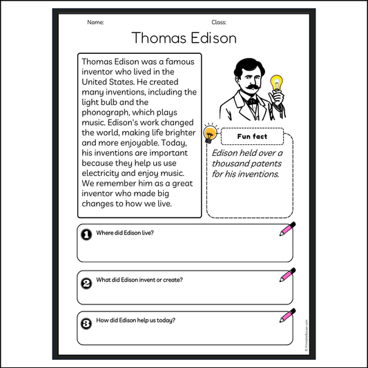 Thomas Edison | Reading Passage Comprehension Questions Writing Facts Worksheet