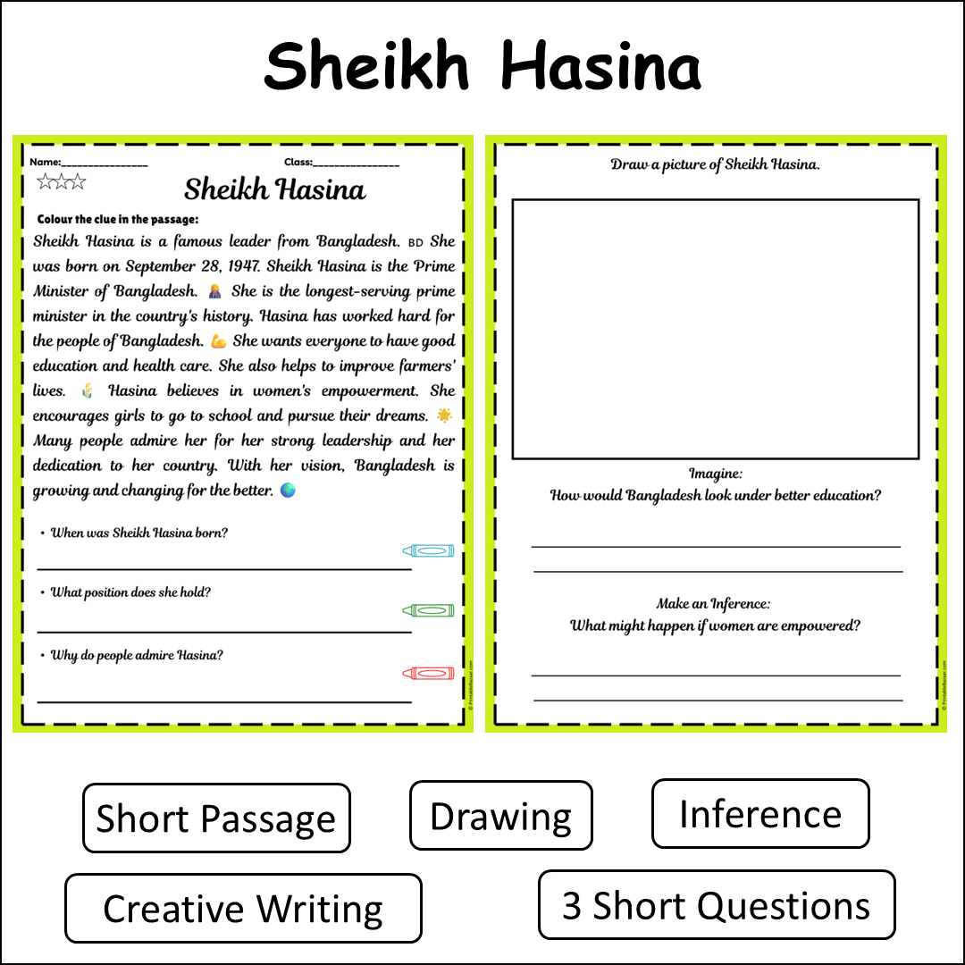Sheikh Hasina | Short Reading Comprehension Creative Worksheet