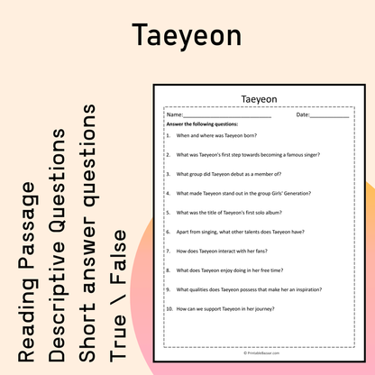 Taeyeon | Reading Comprehension Passage Printable Activity