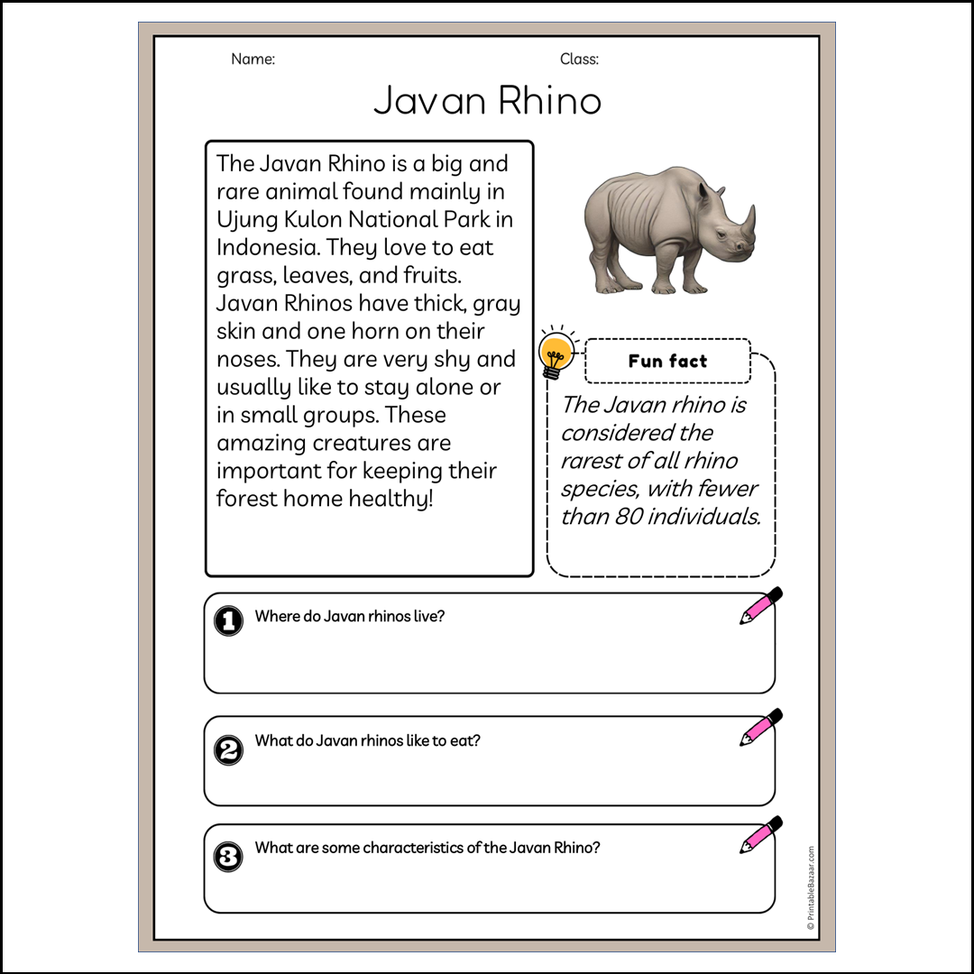 Javan Rhino | Reading Passage Comprehension Questions Writing Facts Worksheet