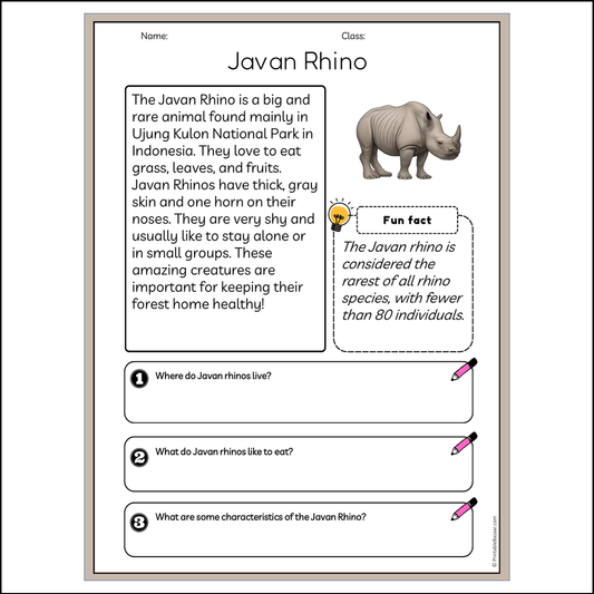 Javan Rhino | Reading Passage Comprehension Questions Writing Facts Worksheet