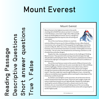 Mount Everest | Reading Comprehension Passage Printable Worksheet
