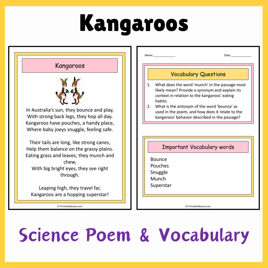 Kangaroos | Science Poem Reading Comprehension Activity