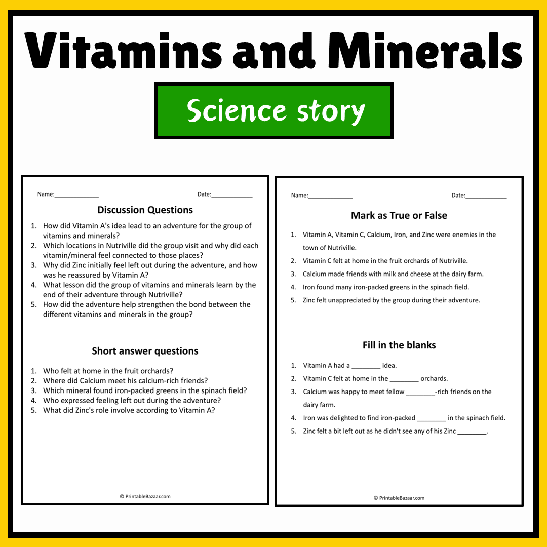 Vitamins and Minerals | Science Story Reading Comprehension Activity