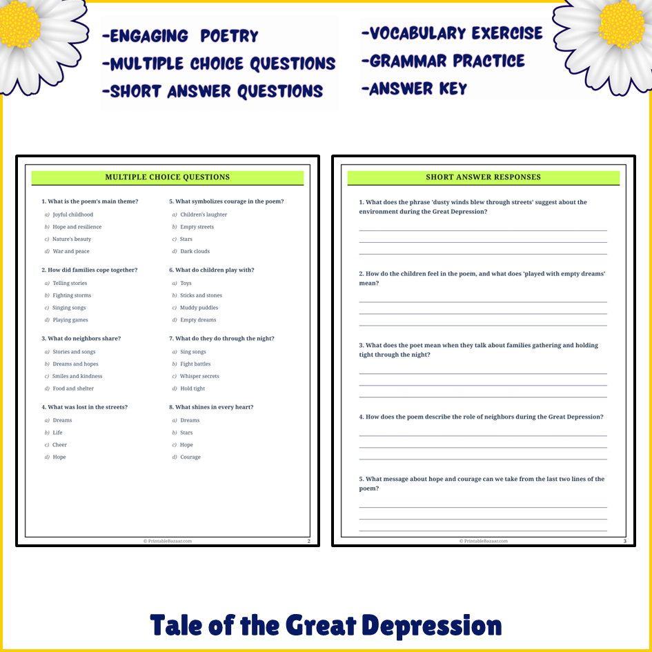 Tale of the Great Depression | Poem Grammar Worksheet Printable Activity