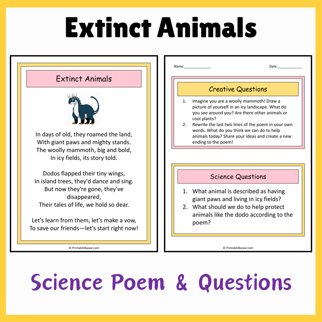 Extinct Animals | Science Poem Reading Comprehension Activity