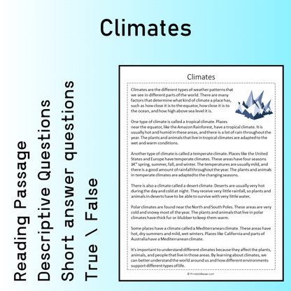 Climates | Reading Comprehension Passage Printable Worksheet