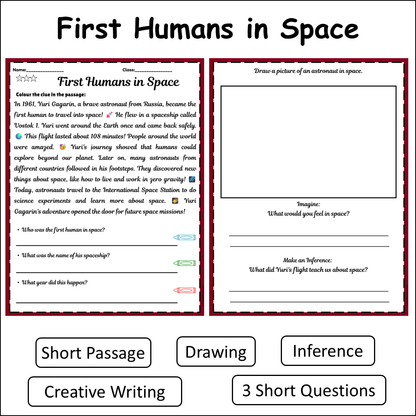 First Humans in Space | Short Reading Comprehension Creative Worksheet