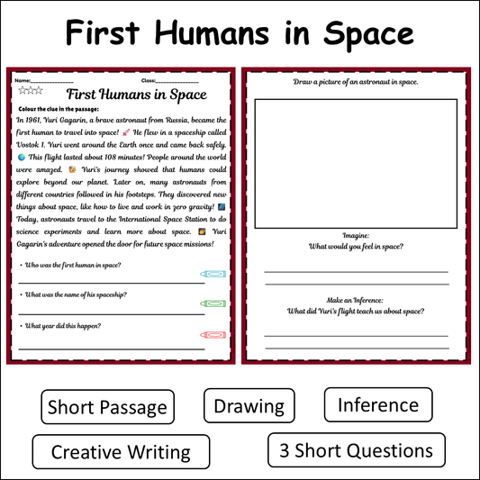 First Humans in Space | Short Reading Comprehension Creative Worksheet