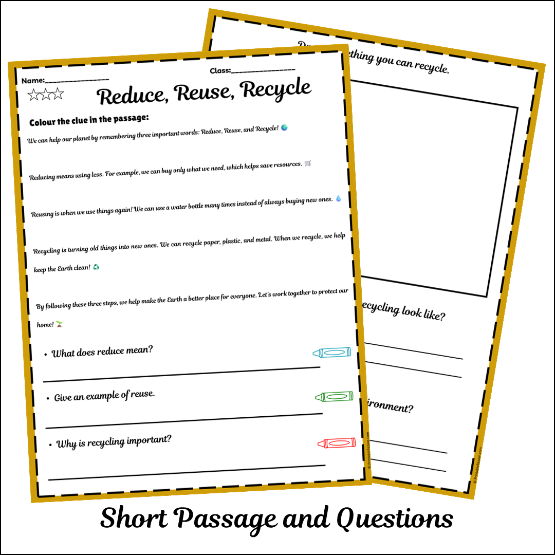 Reduce, Reuse, Recycle | Short Reading Comprehension Creative Worksheet