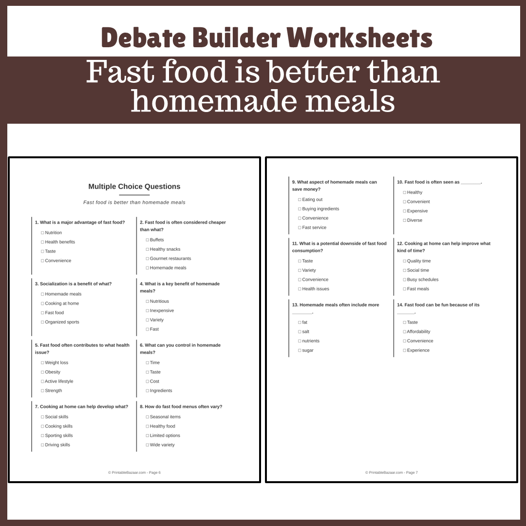 Fast food is better than homemade meals | Favour and Against Worksheet Printable Activity