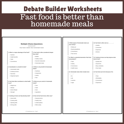 Fast food is better than homemade meals | Favour and Against Worksheet Printable Activity