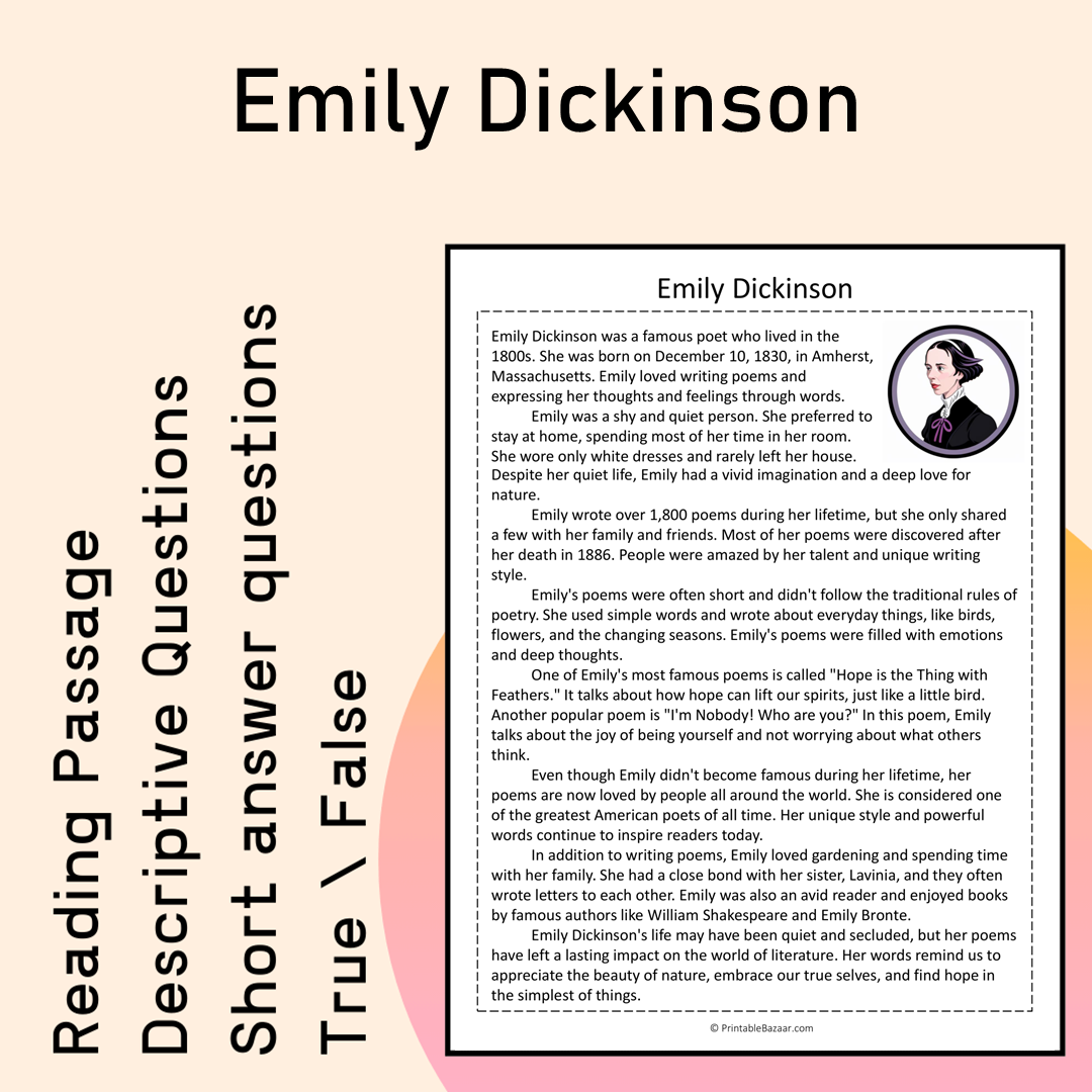 Emily Dickinson | Reading Comprehension Passage Printable Activity