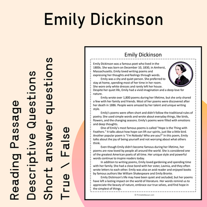 Emily Dickinson | Reading Comprehension Passage Printable Activity