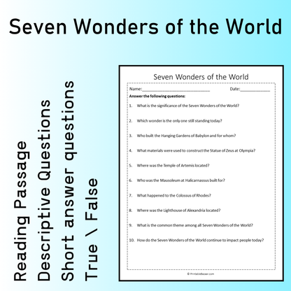 Seven Wonders of the World | Reading Comprehension Passage Printable Worksheet