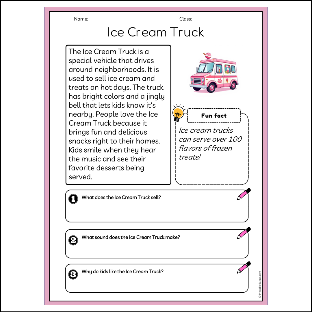 Ice Cream Truck | Reading Passage Comprehension Questions Writing Facts Worksheet