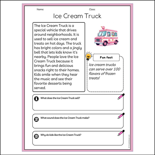 Ice Cream Truck | Reading Passage Comprehension Questions Writing Facts Worksheet