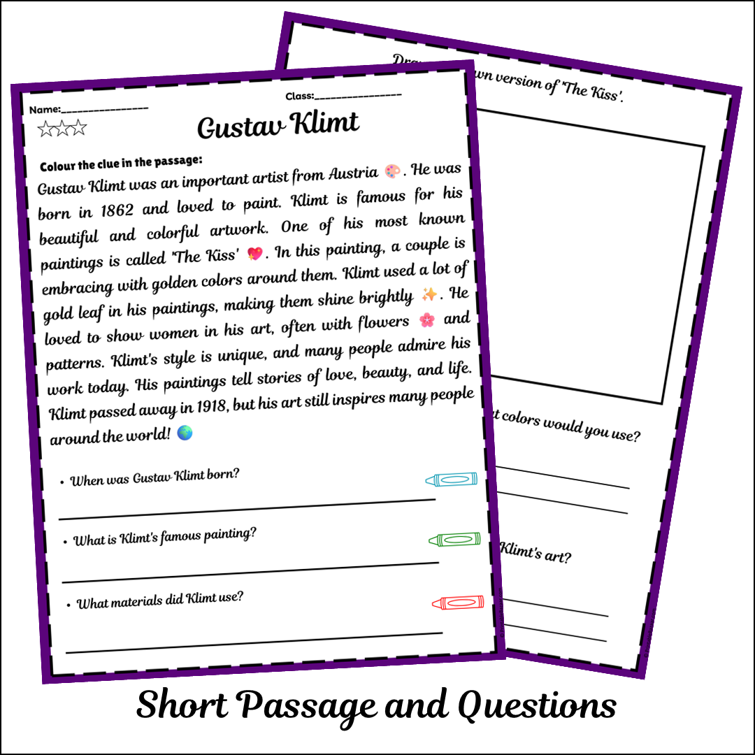 Gustav Klimt | Short Reading Comprehension Creative Worksheet