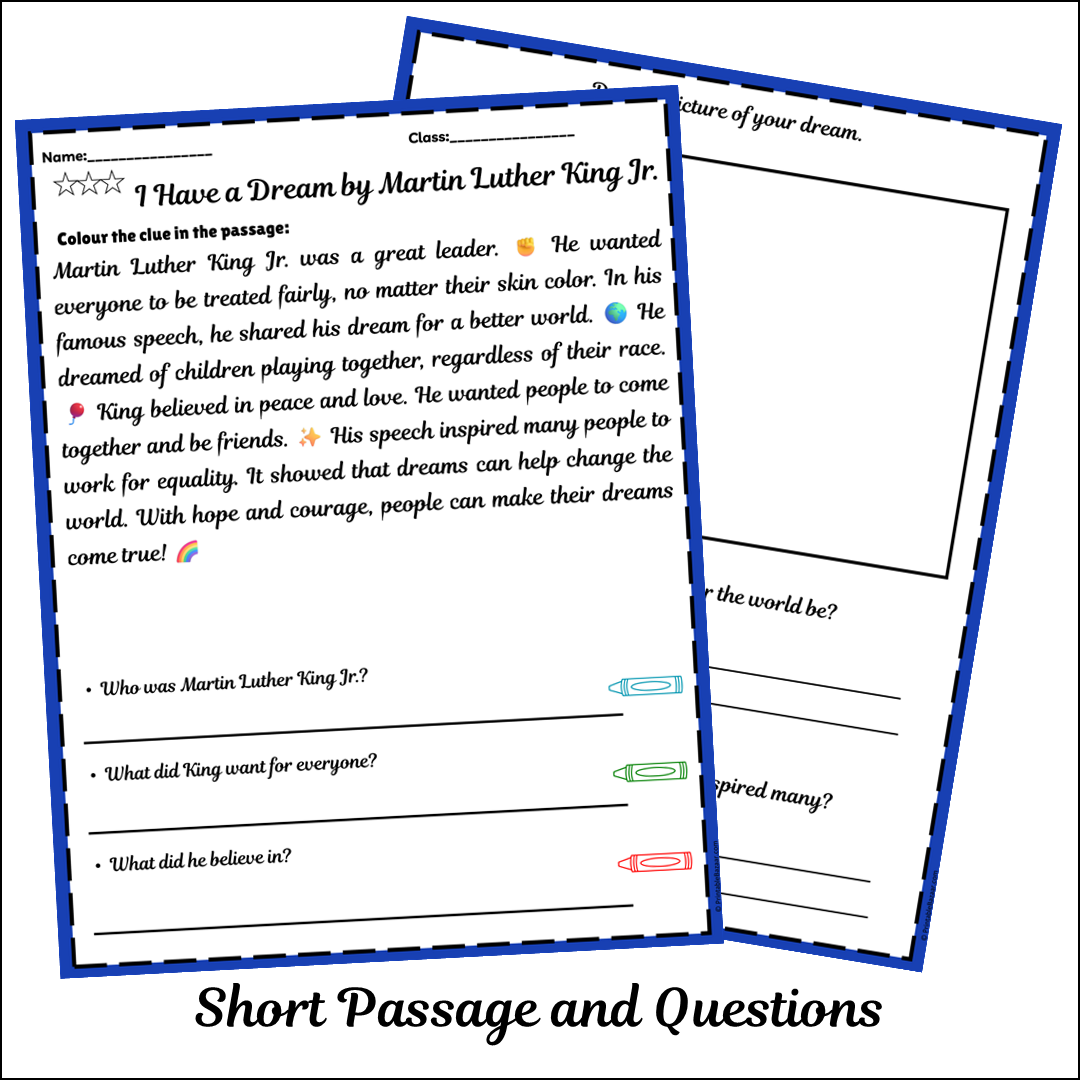 I Have a Dream by Martin Luther King Jr. | Short Reading Comprehension Creative Worksheet