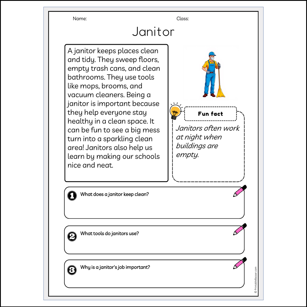 Janitor | Reading Passage Comprehension Questions Writing Facts Worksheet