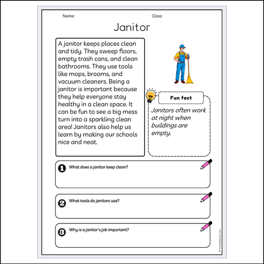 Janitor | Reading Passage Comprehension Questions Writing Facts Worksheet