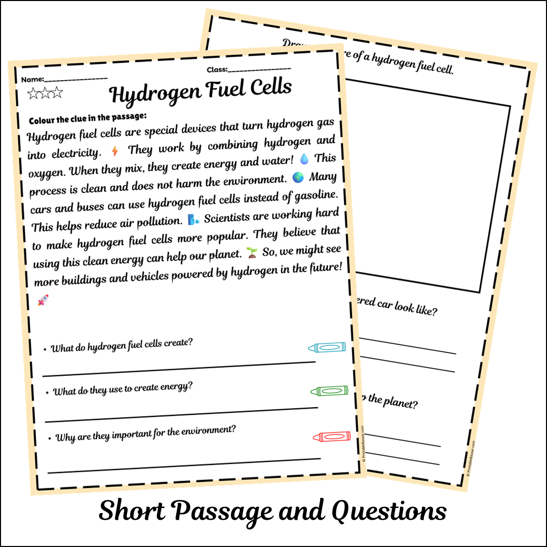 Hydrogen Fuel Cells | Short Reading Comprehension Creative Worksheet