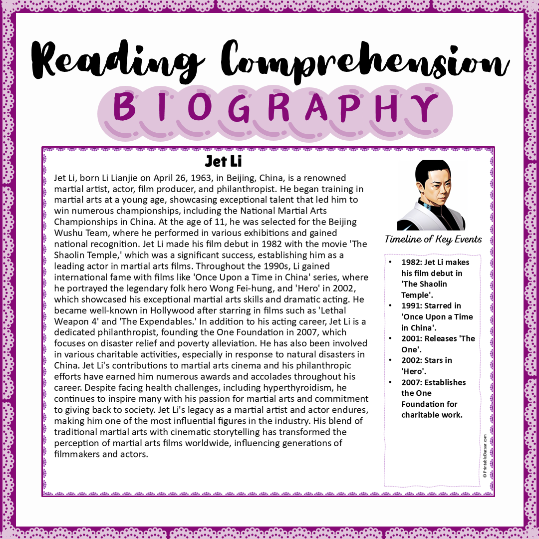 Jet Li | Biography Reading Comprehension and Questions Worksheet