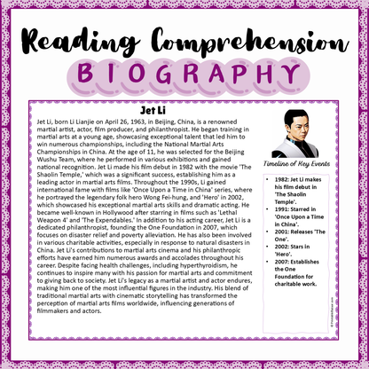 Jet Li | Biography Reading Comprehension and Questions Worksheet