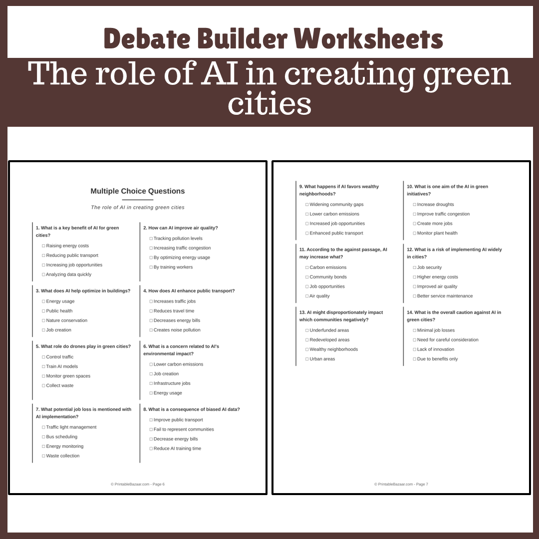 The role of AI in creating green cities | Favour and Against Worksheet Printable Activity