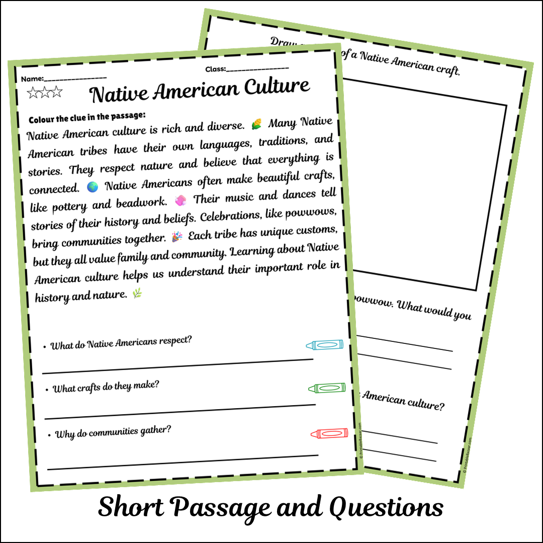 Native American Culture | Short Reading Comprehension Creative Worksheet
