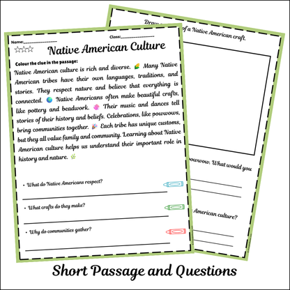 Native American Culture | Short Reading Comprehension Creative Worksheet