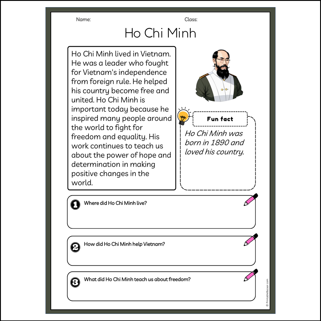 Ho Chi Minh | Reading Passage Comprehension Questions Writing Facts Worksheet