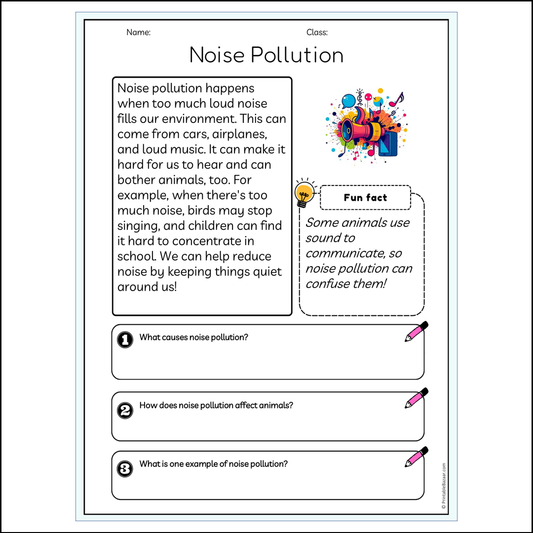 Noise Pollution | Reading Passage Comprehension Questions Writing Facts Worksheet