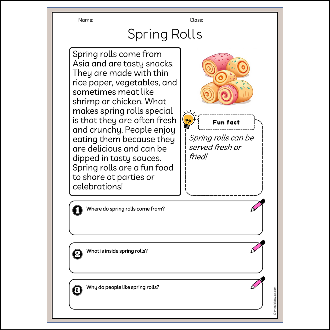 Spring Rolls | Reading Passage Comprehension Questions Writing Facts Worksheet