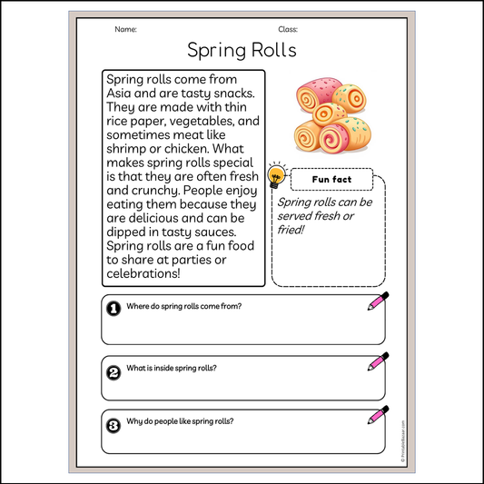 Spring Rolls | Reading Passage Comprehension Questions Writing Facts Worksheet