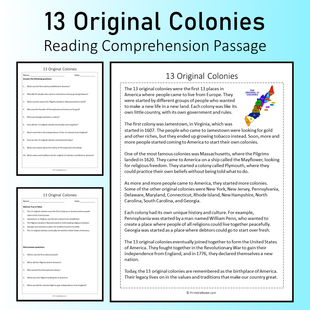 13 Original Colonies | Reading Comprehension Passage Printable Worksheet