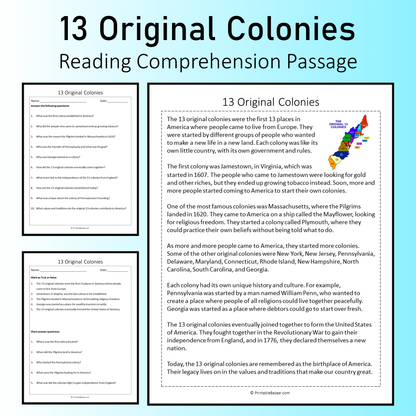 13 Original Colonies | Reading Comprehension Passage Printable Worksheet