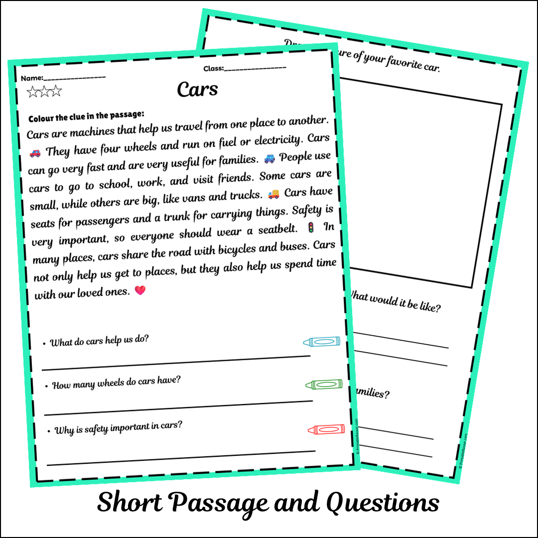 Cars | Short Reading Comprehension Creative Worksheet