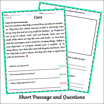 Cars | Short Reading Comprehension Creative Worksheet