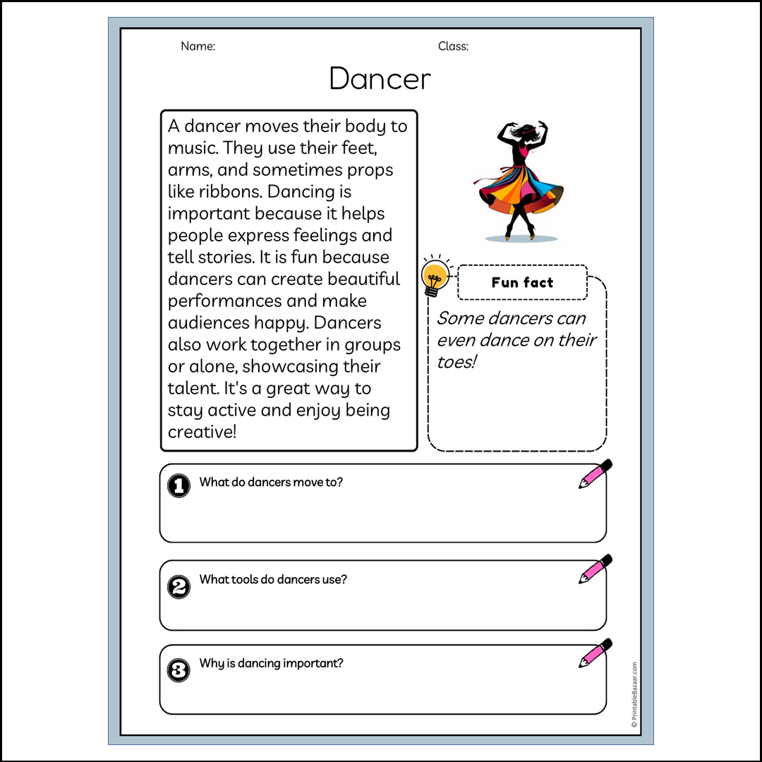 Dancer | Reading Passage Comprehension Questions Writing Facts Worksheet