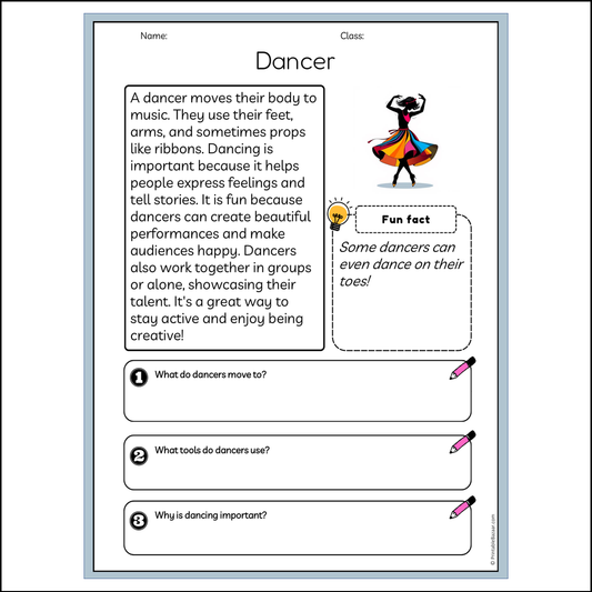 Dancer | Reading Passage Comprehension Questions Writing Facts Worksheet