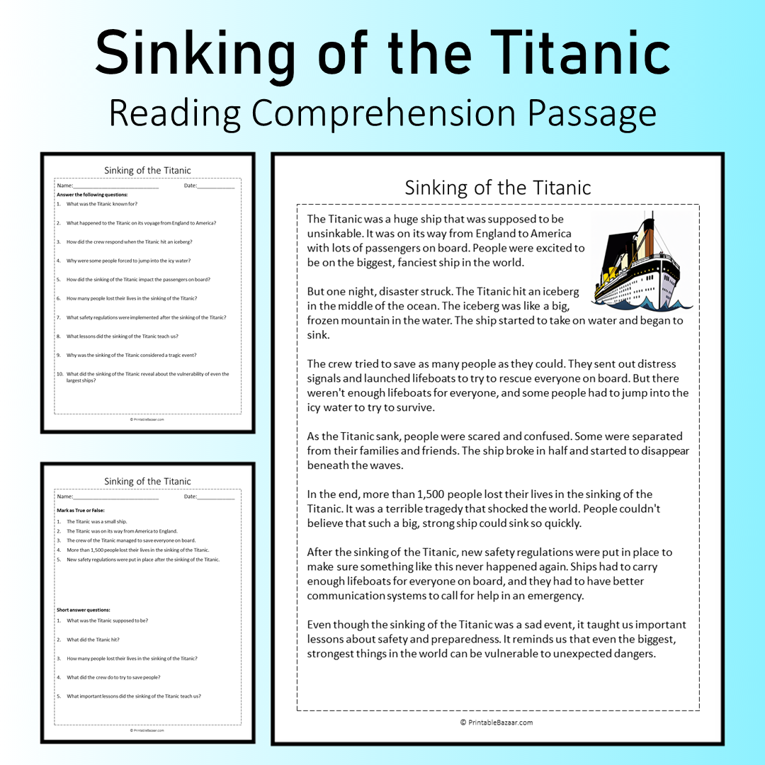 Sinking of the Titanic | Reading Comprehension Passage Printable Worksheet
