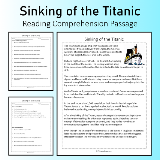 Sinking of the Titanic | Reading Comprehension Passage Printable Worksheet