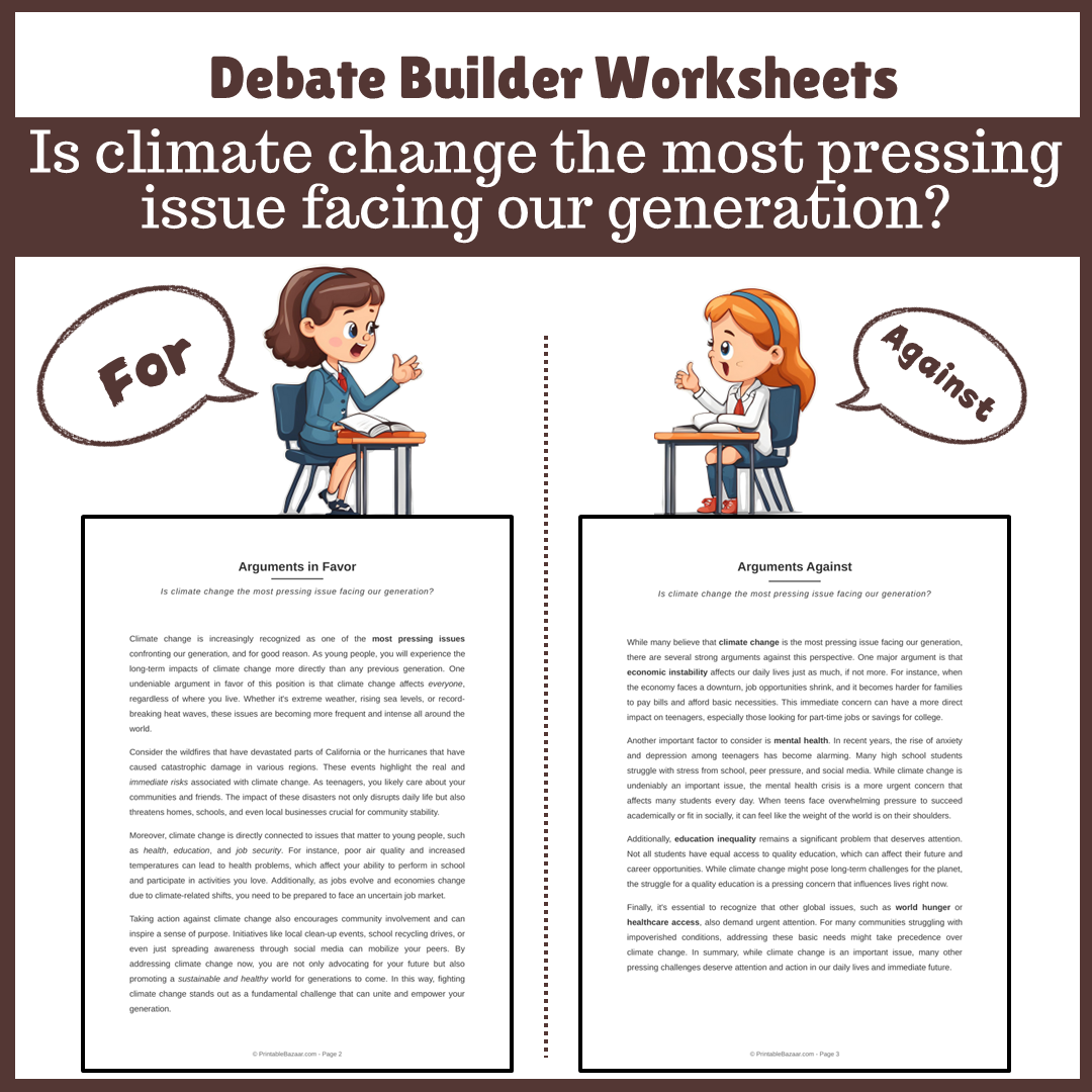 Is climate change the most pressing issue facing our generation? | Favour and Against Worksheet Printable Activity